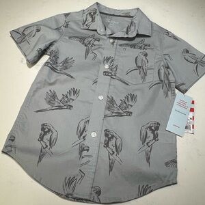 Gray Parrot Print Button-Up Shirt